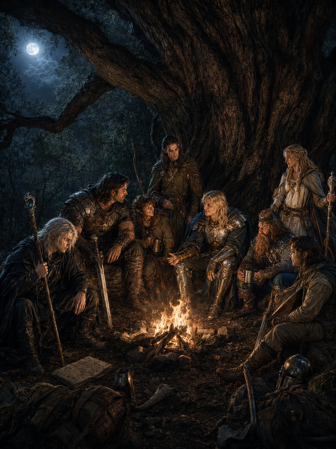 Campfire Community A group of roleplaying adventurers gathered around a campfire in a forest at night, talking with each other and representing community and human experience in the digital age.